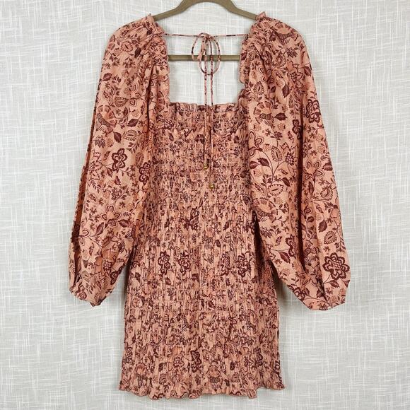 Free People Smock To Me Puff Sleeve Ruched Apricot Pink Floral Mini Dress Small - Picture 6 of 7